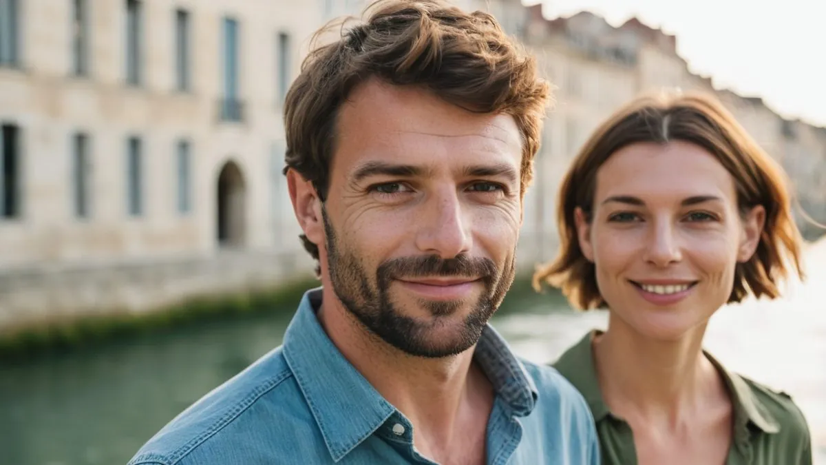 Rencontre amoureuse près de chez soi Couple qui s'est rencontré près de chez soi, souriant au bord de l'eau