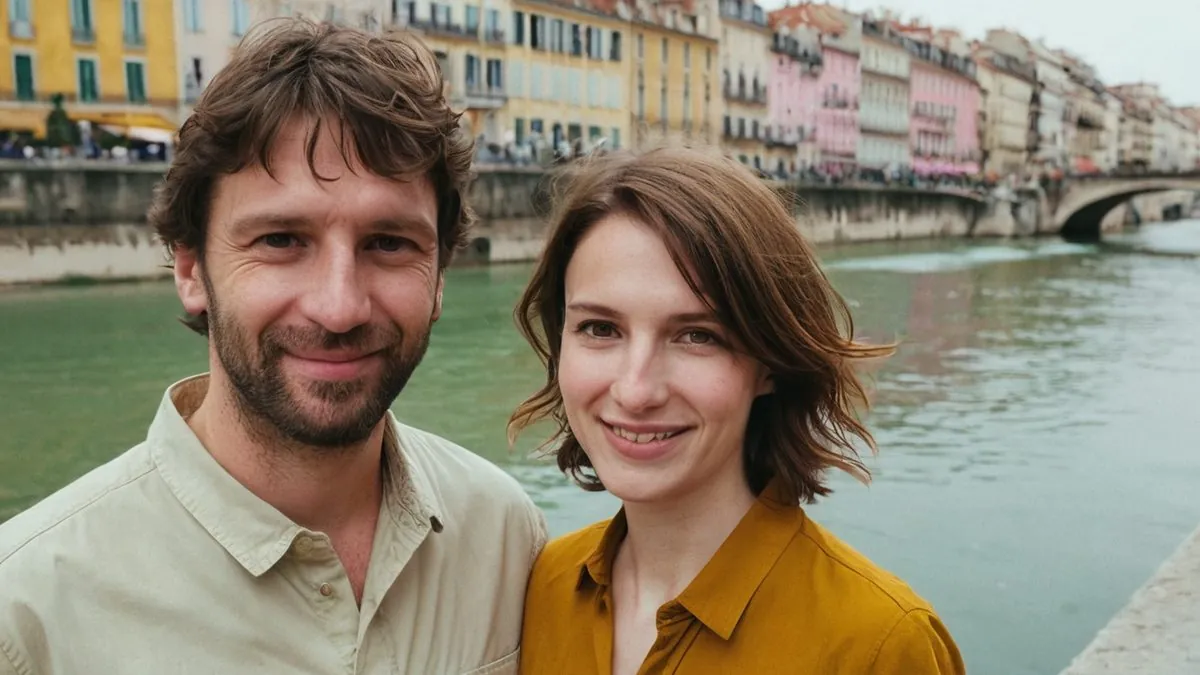 Couple qui s'est rencontré près de chez soi, souriant au bord de l'eau