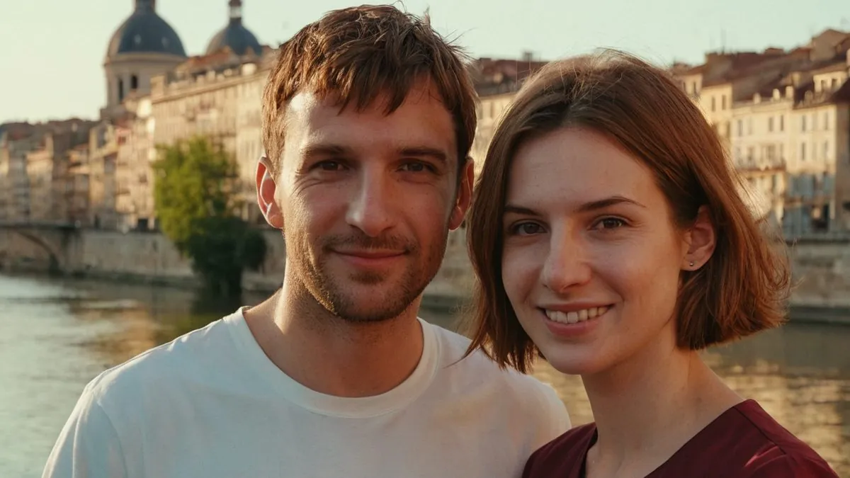 Couple qui s'est rencontré près de chez soi, souriant au bord de l'eau