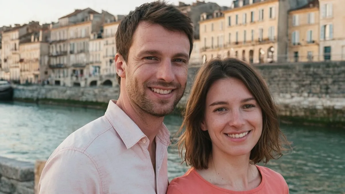 Couple qui s'est rencontré près de chez soi, souriant au bord de l'eau