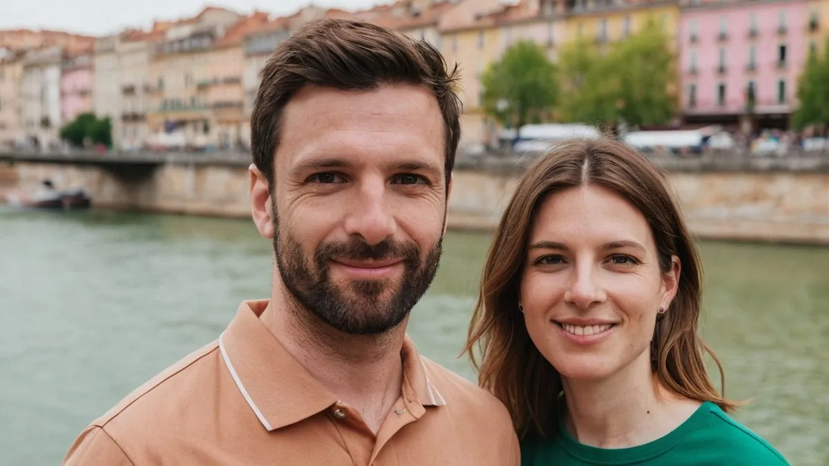 Couple qui s'est rencontré près de chez soi, souriant au bord de l'eau