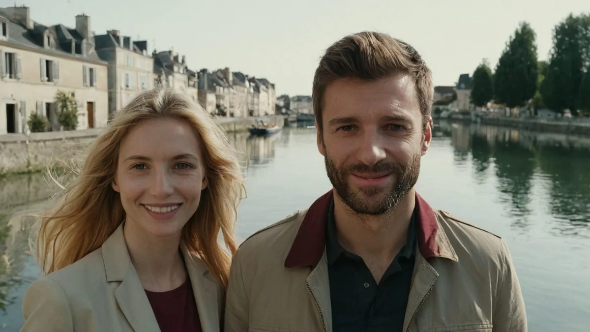 Couple qui s'est rencontré près de chez soi, souriant au bord de l'eau