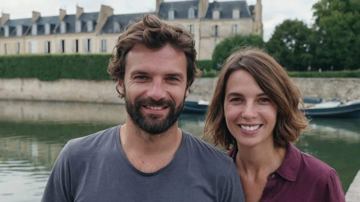 Couple qui s'est rencontré près de chez soi, souriant au bord de l'eau
