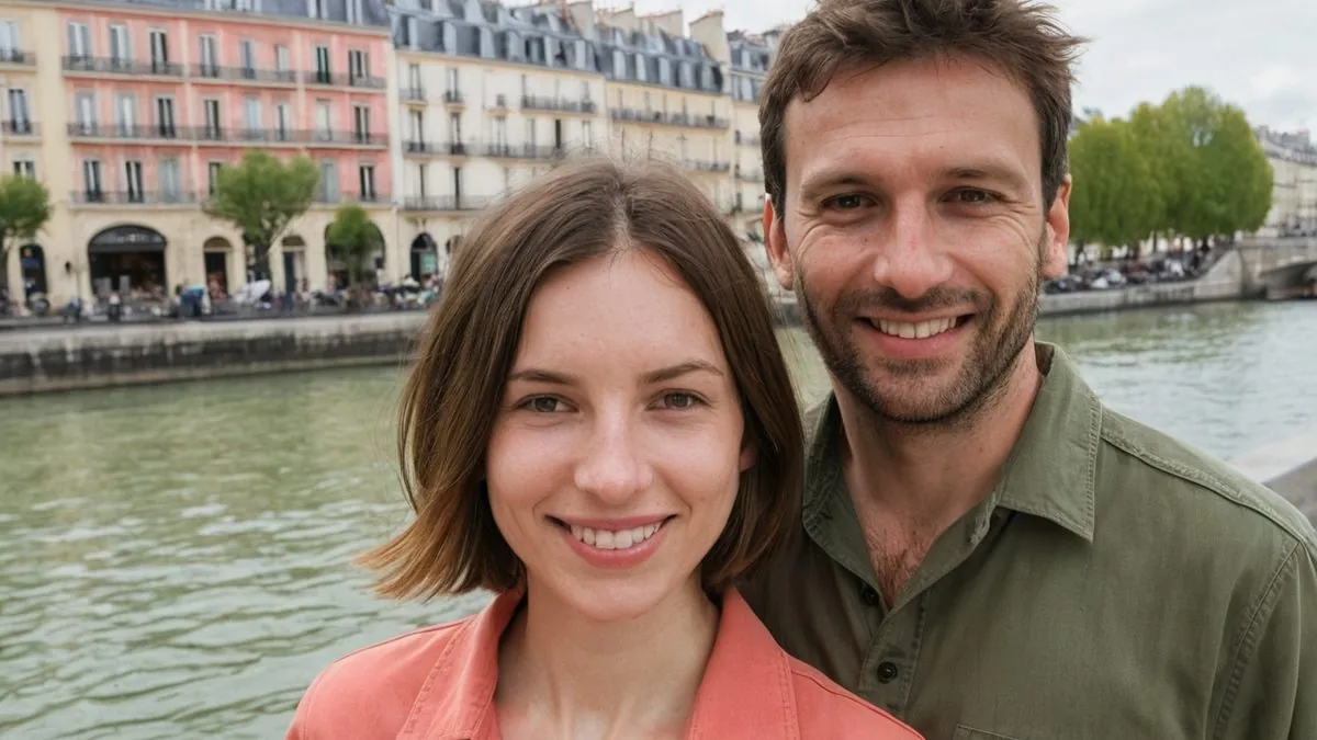 Faire des rencontres près de chez soi Couple qui s'est rencontré près de chez soi, souriant au bord de l'eau