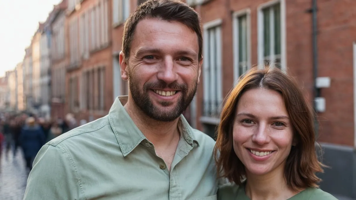 Couple qui s'est rencontré près de chez soi, souriant dans une rue du centre-ville