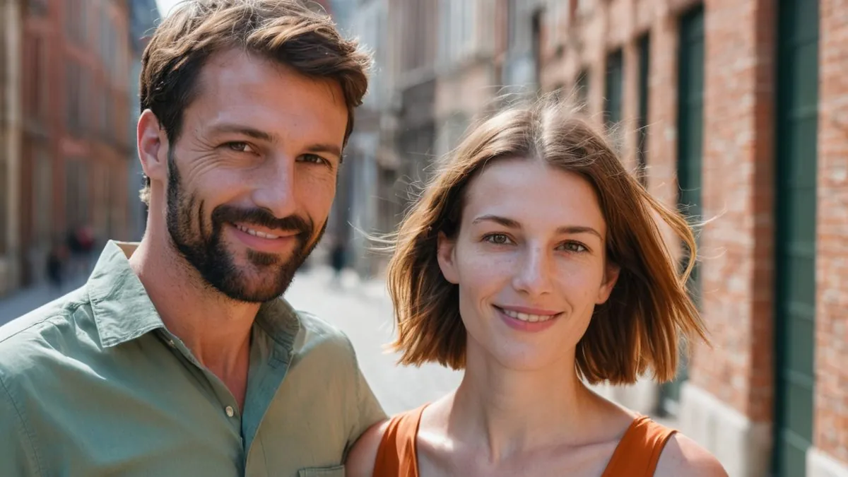 Couple qui s'est rencontré près de chez soi, souriant dans une rue du centre-ville