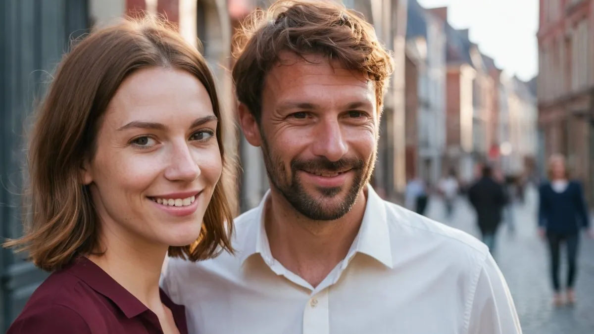 Rencontre amoureuse près de chez soi Couple qui s'est rencontré près de chez soi, souriant dans une rue du centre-ville