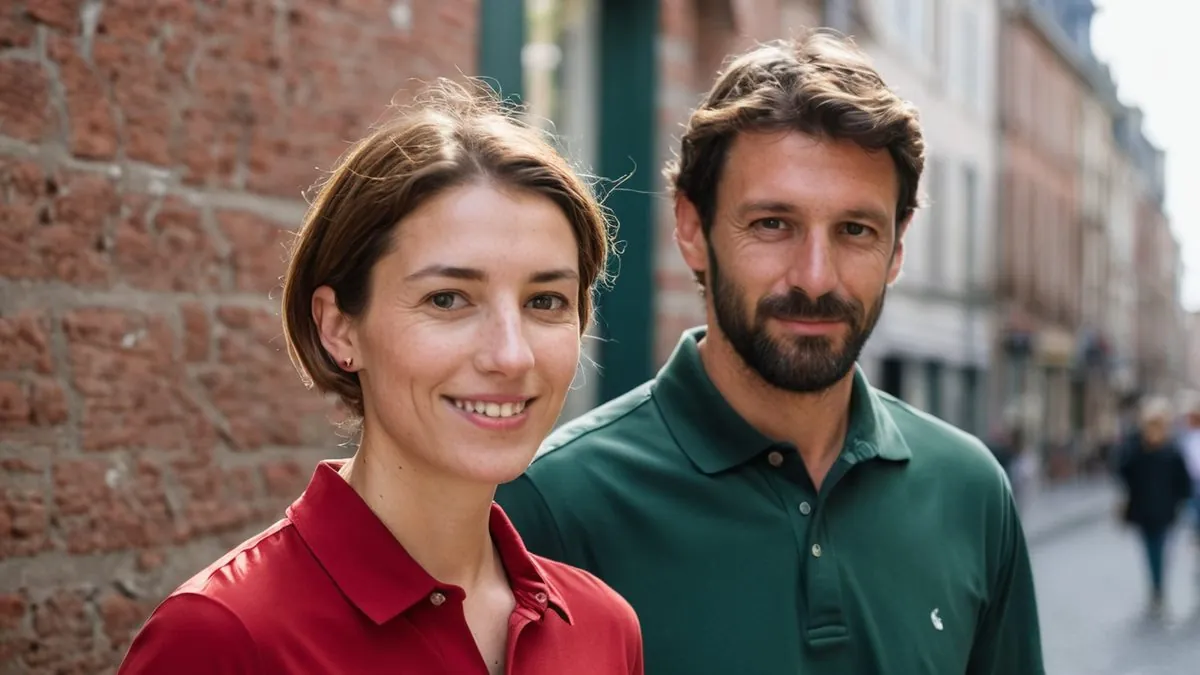 Couple qui s'est rencontré près de chez soi, souriant dans une rue du centre-ville