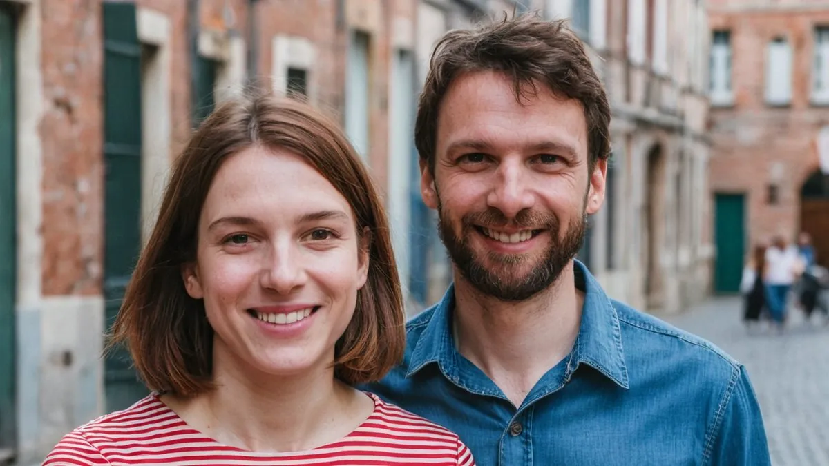 Couple qui s'est rencontré près de chez soi, souriant dans une rue du centre-ville