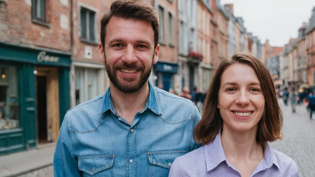 Couple qui s'est rencontré près de chez soi, souriant dans une rue du centre-ville