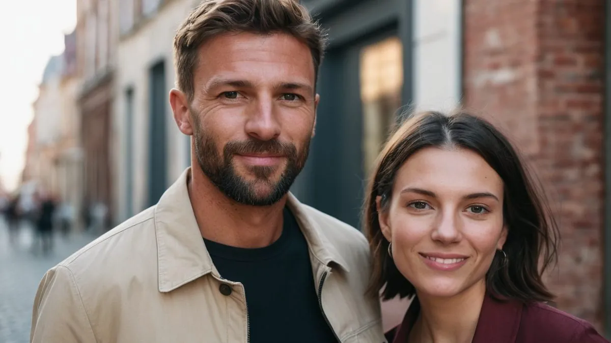 Couple qui s'est rencontré près de chez soi, souriant dans une rue du centre-ville
