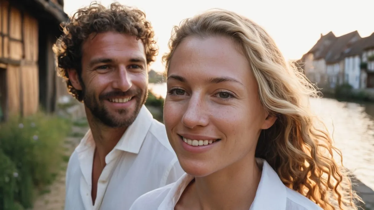 Couple qui s'est rencontré près de chez soi, souriant dans une rue du centre-ville