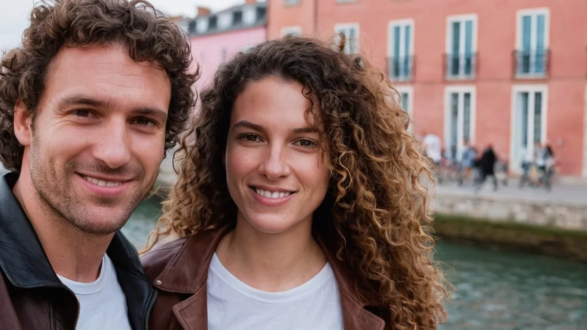 Premier rendez-vous près de chez soi Couple qui s'est rencontré près de chez soi, souriant dans une rue du centre-ville
