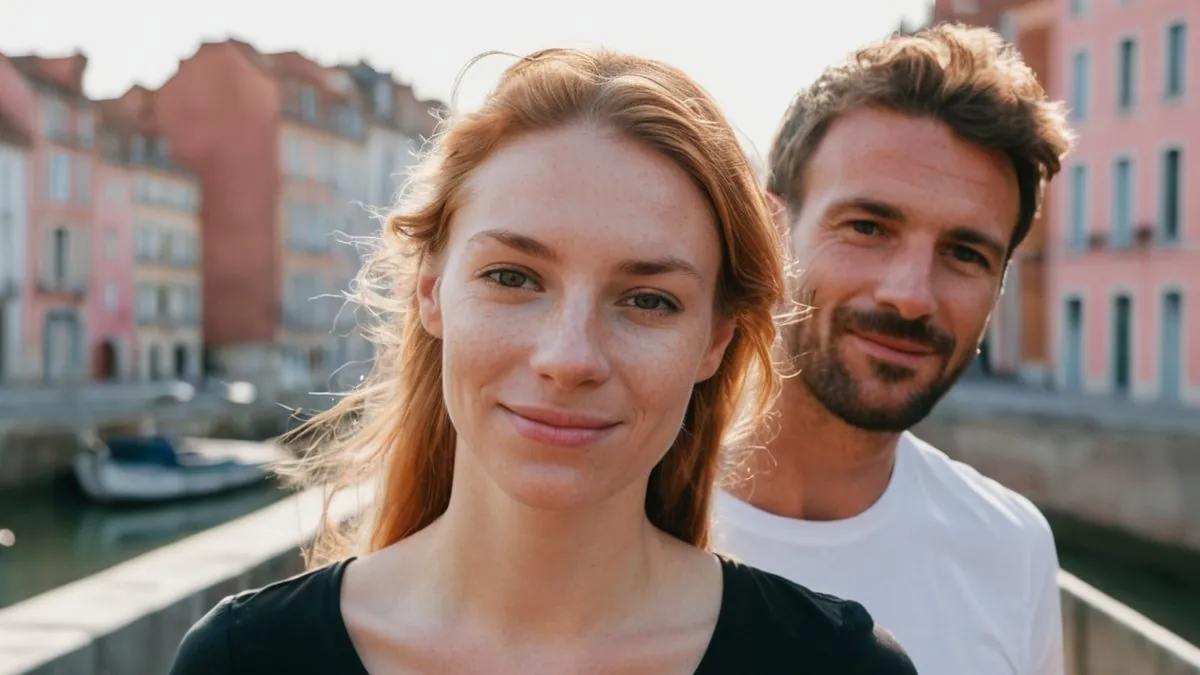 Couple qui s'est rencontré près de chez soi, souriant dans une rue du centre-ville