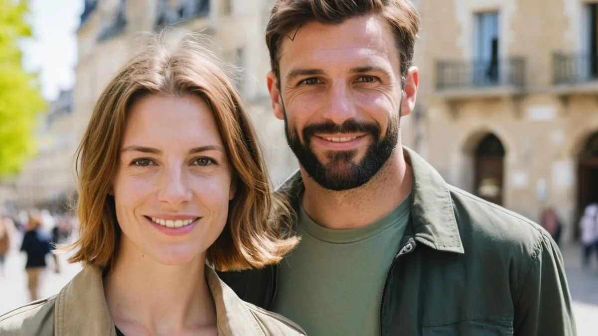 Rencontre entre célibataires près de chez soi : un homme et une femme sur une place du centre