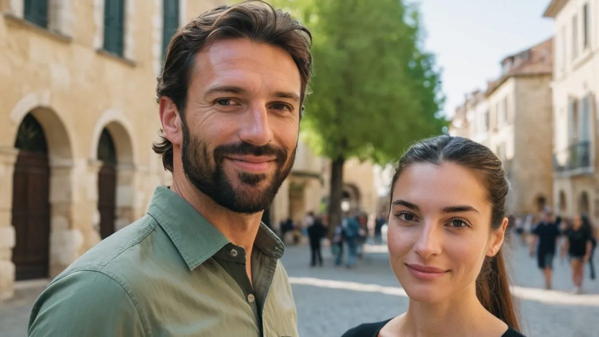Rencontre entre célibataires près de chez soi : un homme et une femme sur une place du centre
