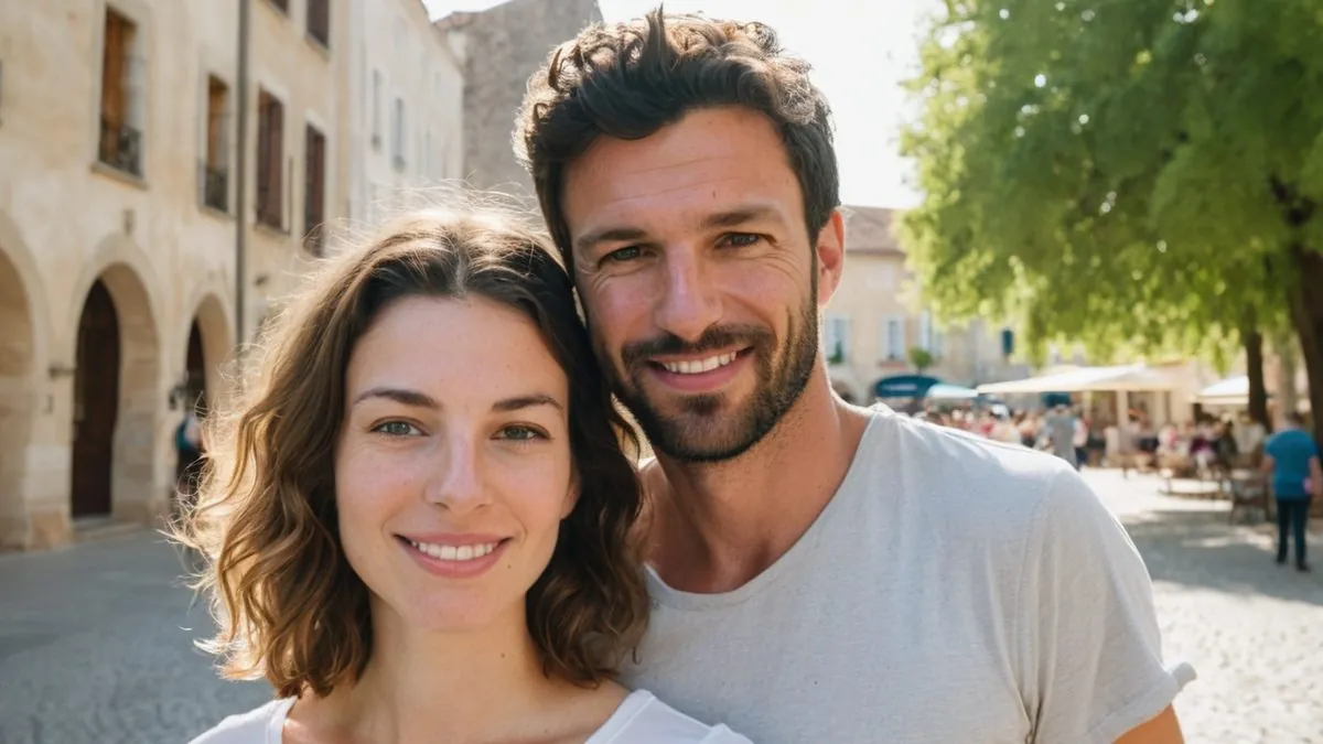 Premier rendez-vous près de chez soi : homme et femme célibataires sur une place du centre