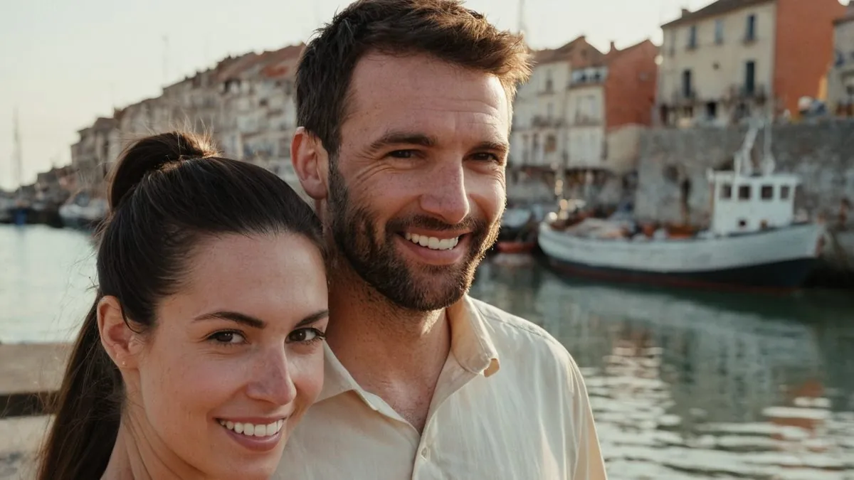 Couple qui s'est rencontré près de chez soi, souriant au bord de l'eau